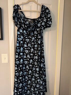 Women's Black Floral Midi Dress with Light Blue Print